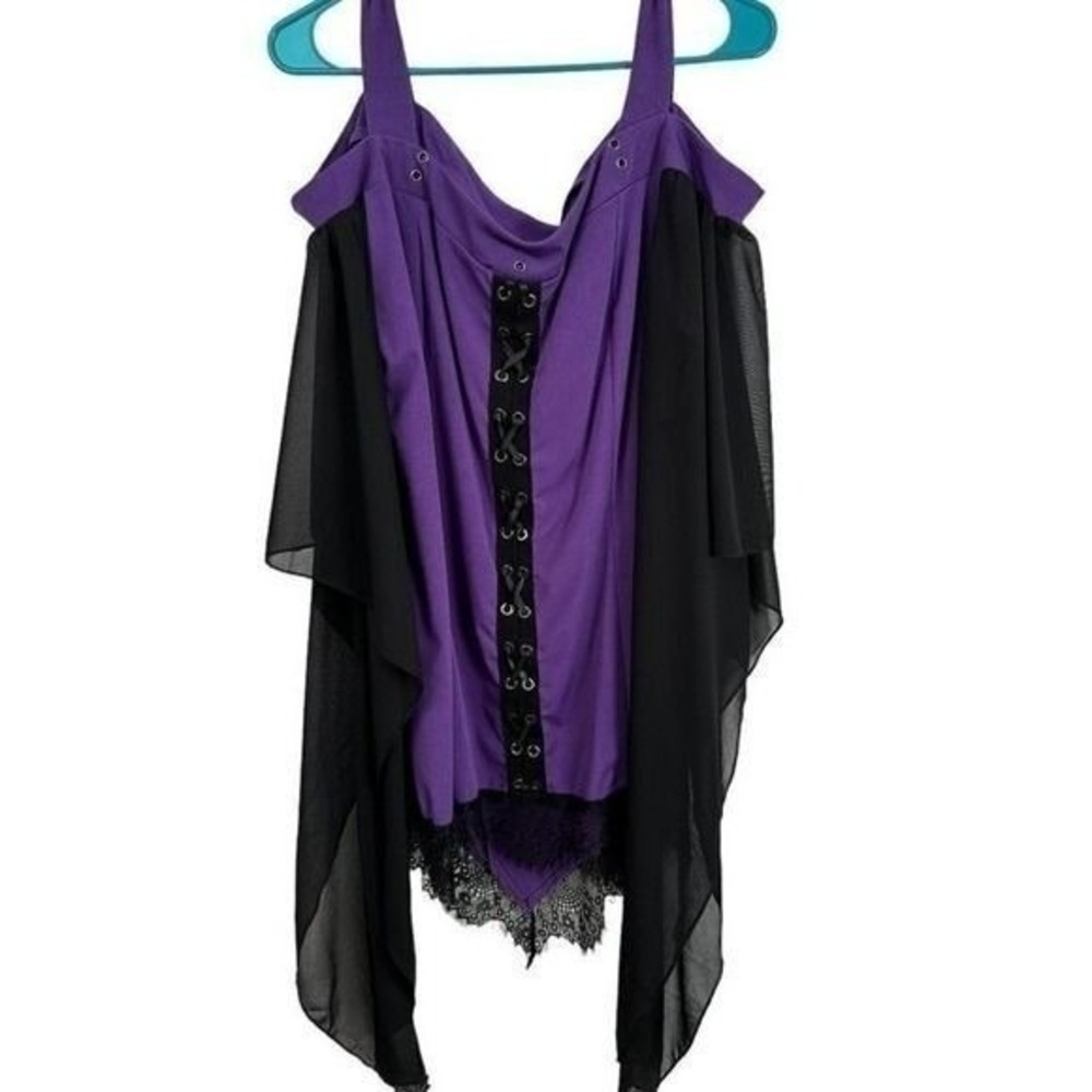 Gothic Purple Black Lace Up Cold Shoulder Tunic Top Sheer Drape Sleeve Lace Trim